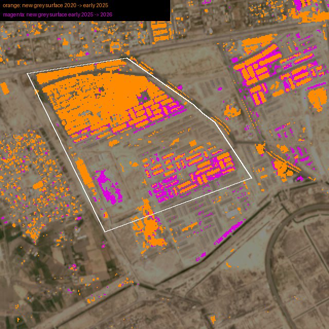 Map of the Budoor site with new buildings coloured: orange for 2020 to early 2025, filling the north-west of the site; magenta for early 2025 to 2026, mostly in the south-centre block and a block north-east of the diagonal road.
